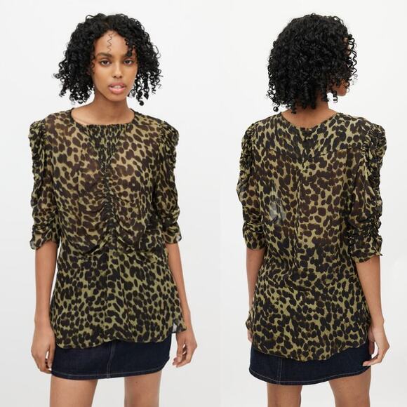 Isabel Marant Etoile Caja Leopard Print Blouse Green/Black Puff Sleeve Size US 8 - Picture 8 of 8
